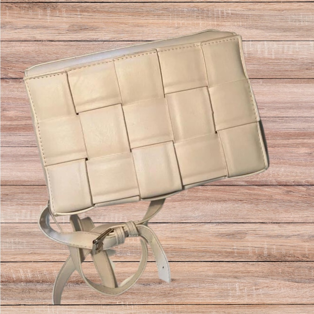 Cream padded leather woven crossbody bag